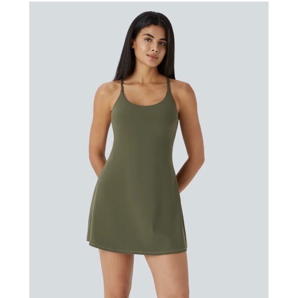 Halara Everyday Activity Dress Olive Green Built-in Shorts Cross Back Size L